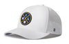 White 5-panel baseball cap with logo patch and perforated side panels
