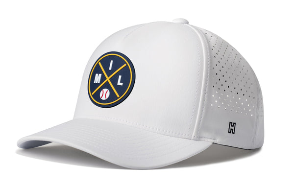 White 5-panel baseball cap with logo patch and perforated side panels