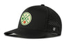 Black 5-panel performance cap with front logo patch and perforated side panels