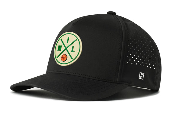 Black 5-panel performance cap with front logo patch and perforated side panels