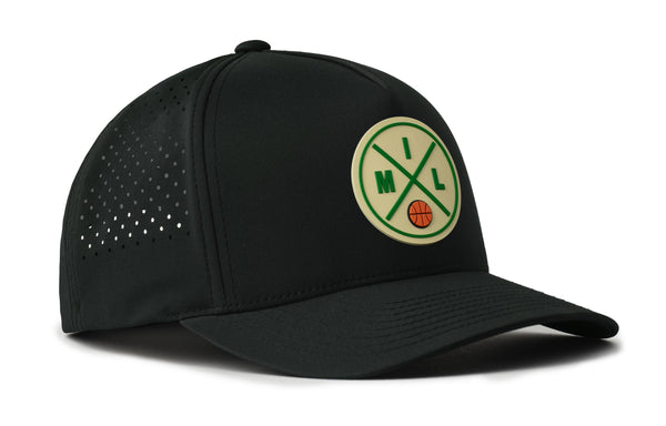 Black 5-panel performance cap with front logo patch and perforated side panel