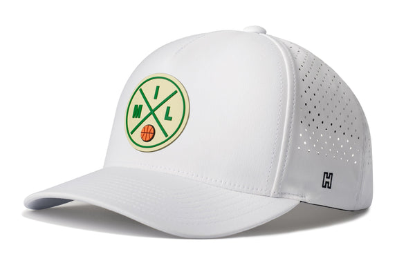 White 5-panel performance cap with front logo patch, curved brim, and mesh side panels
