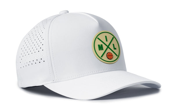 White 5-panel performance cap with front logo patch and perforated side panel