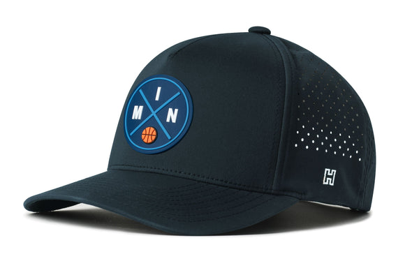 Navy 5-panel basketball performance cap with front logo patch and perforated side
