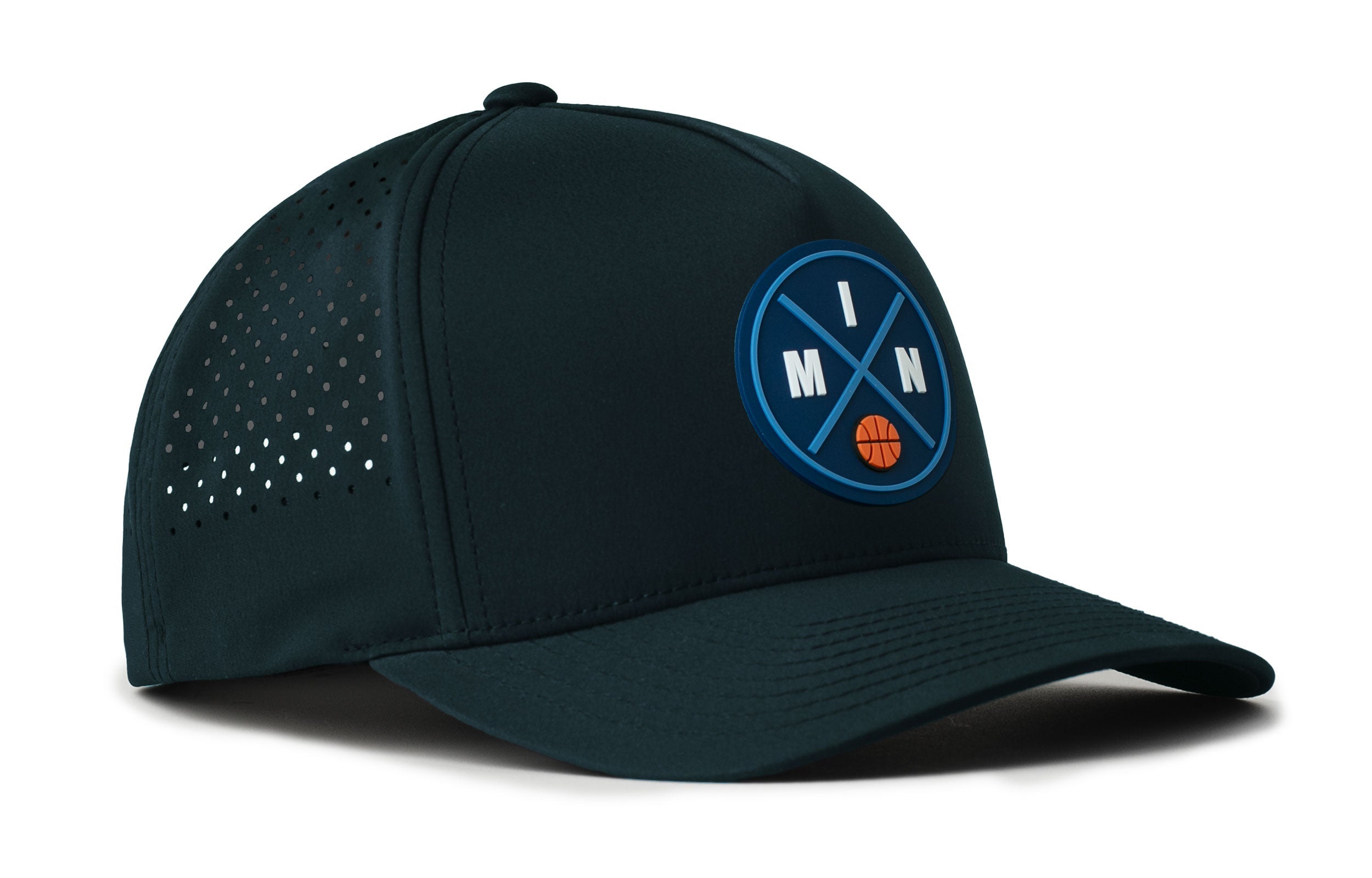 Teal 5-panel basketball performance cap with front logo patch and perforated side