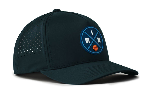 Teal 5-panel basketball performance cap with front logo patch and perforated side
