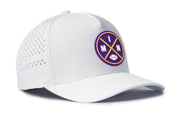 White 5-panel football cap with perforated side panels and MN logo patch