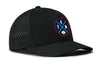 Black 5-panel baseball cap with circular logo patch and perforated side panels