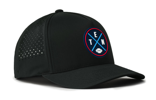 Black 5-panel baseball cap with circular logo patch and perforated side panels