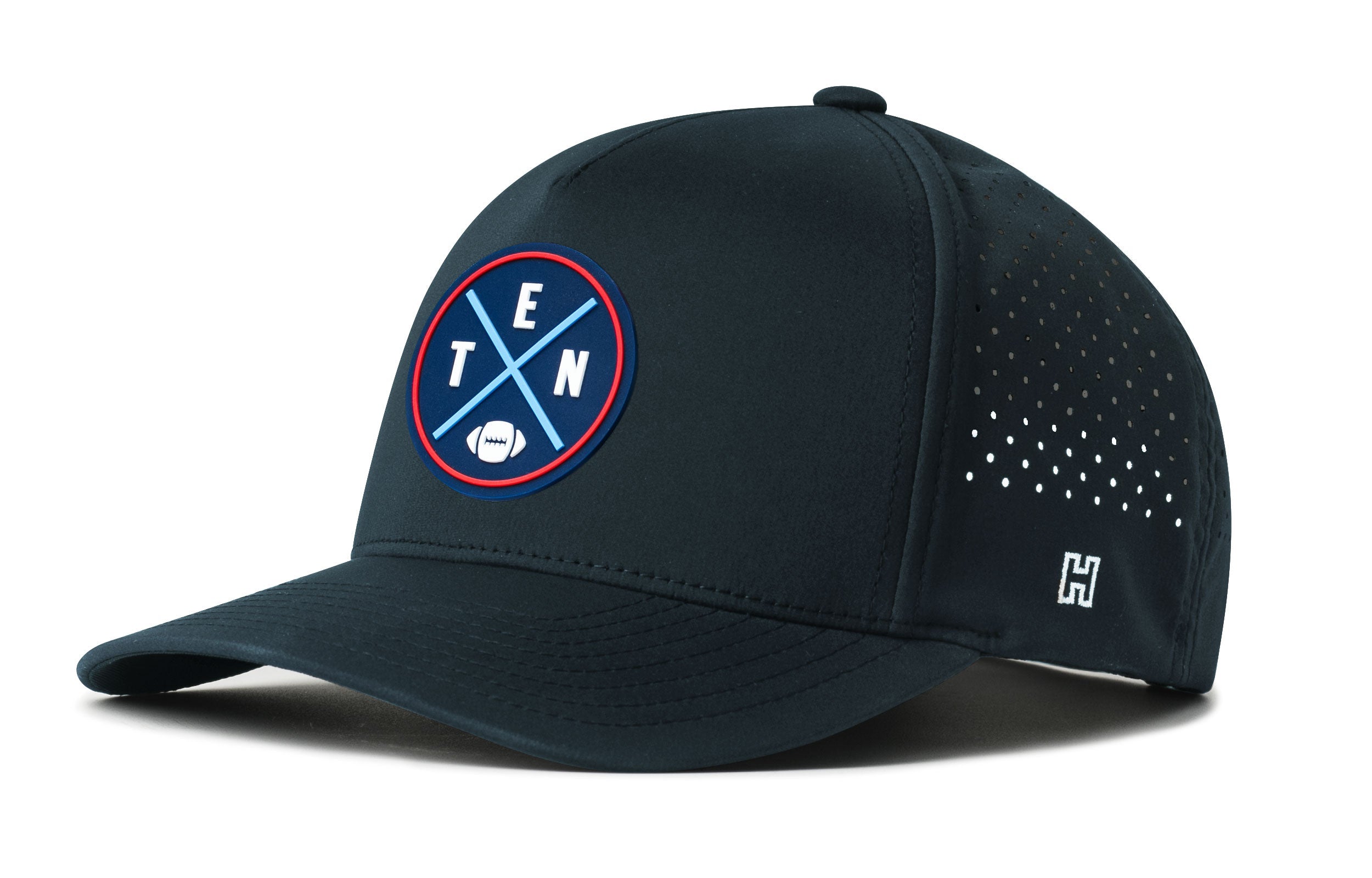 Navy 5-panel baseball cap with perforated side panels and circular TEAM logo patch