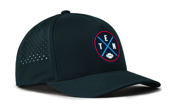 Dark teal 5-panel baseball cap with perforated side panels and circular logo patch