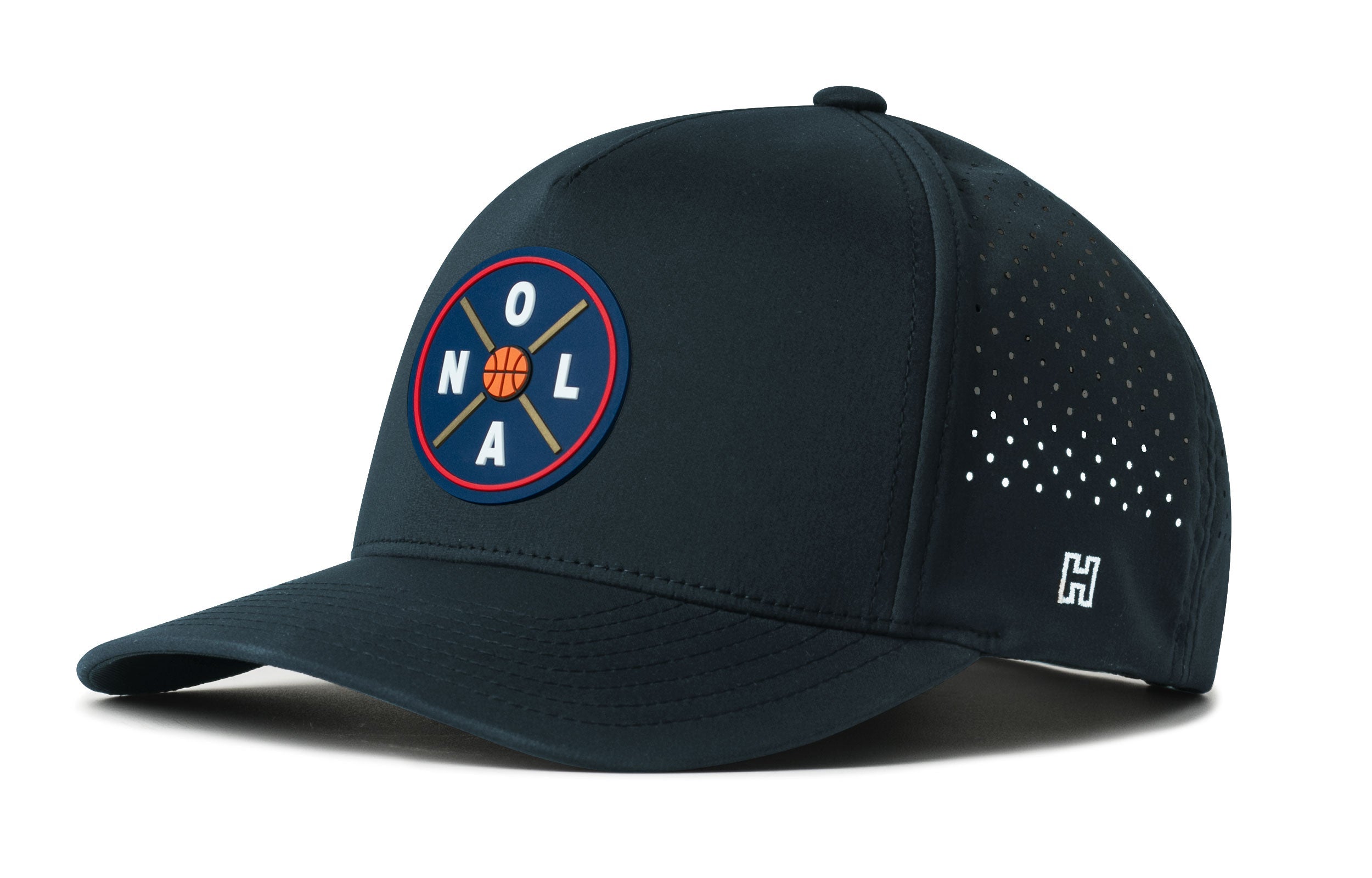 Navy 5-panel basketball performance cap with front logo patch and dotted side mesh