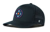 Navy 5-panel basketball performance cap with front logo patch and dotted side mesh