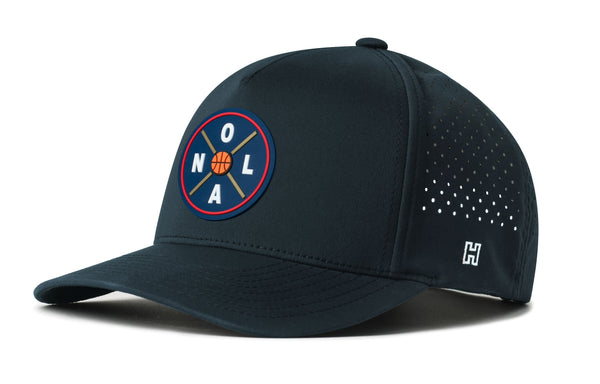 Navy 5-panel basketball performance cap with front logo patch and dotted side mesh