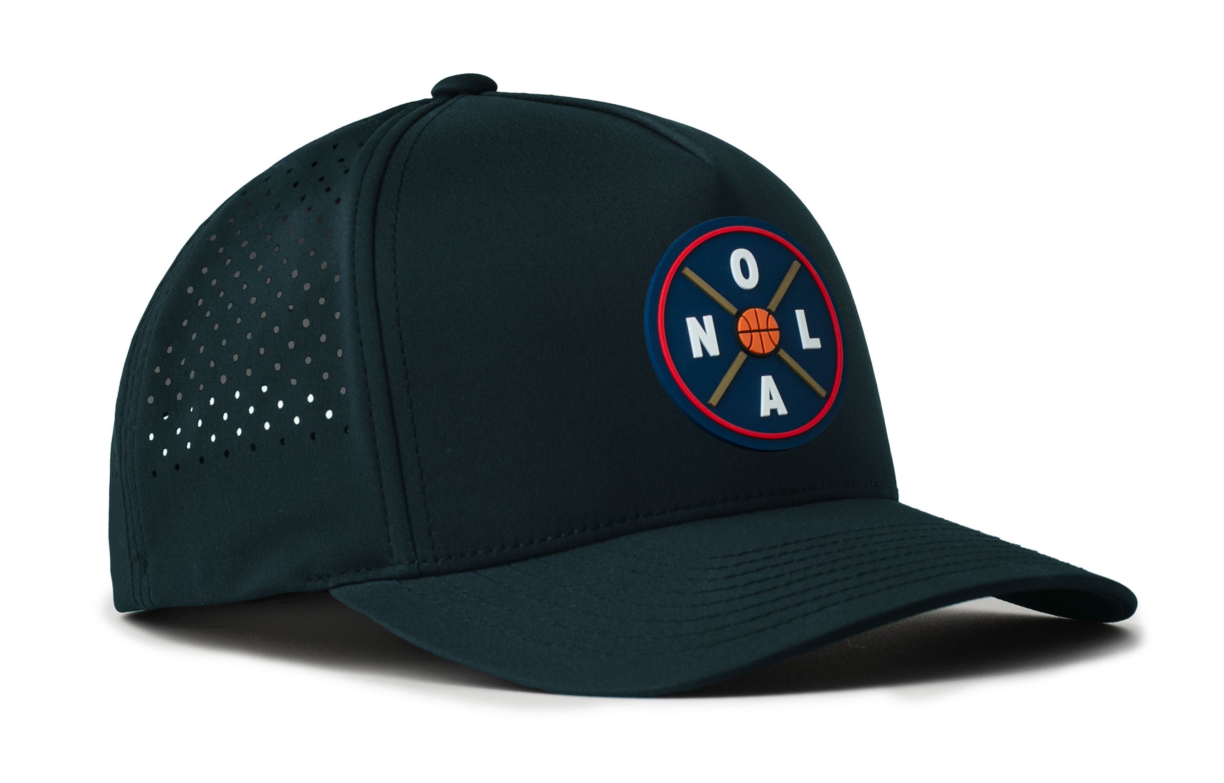 Dark teal 5-panel performance cap with circular logo patch and dotted side ventilation
