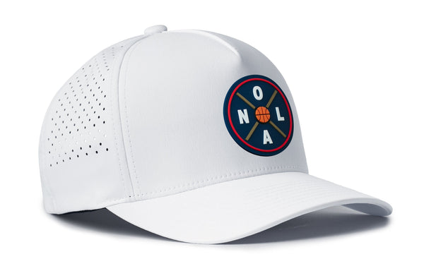 White 5-panel performance cap with circular logo patch and perforated mesh side