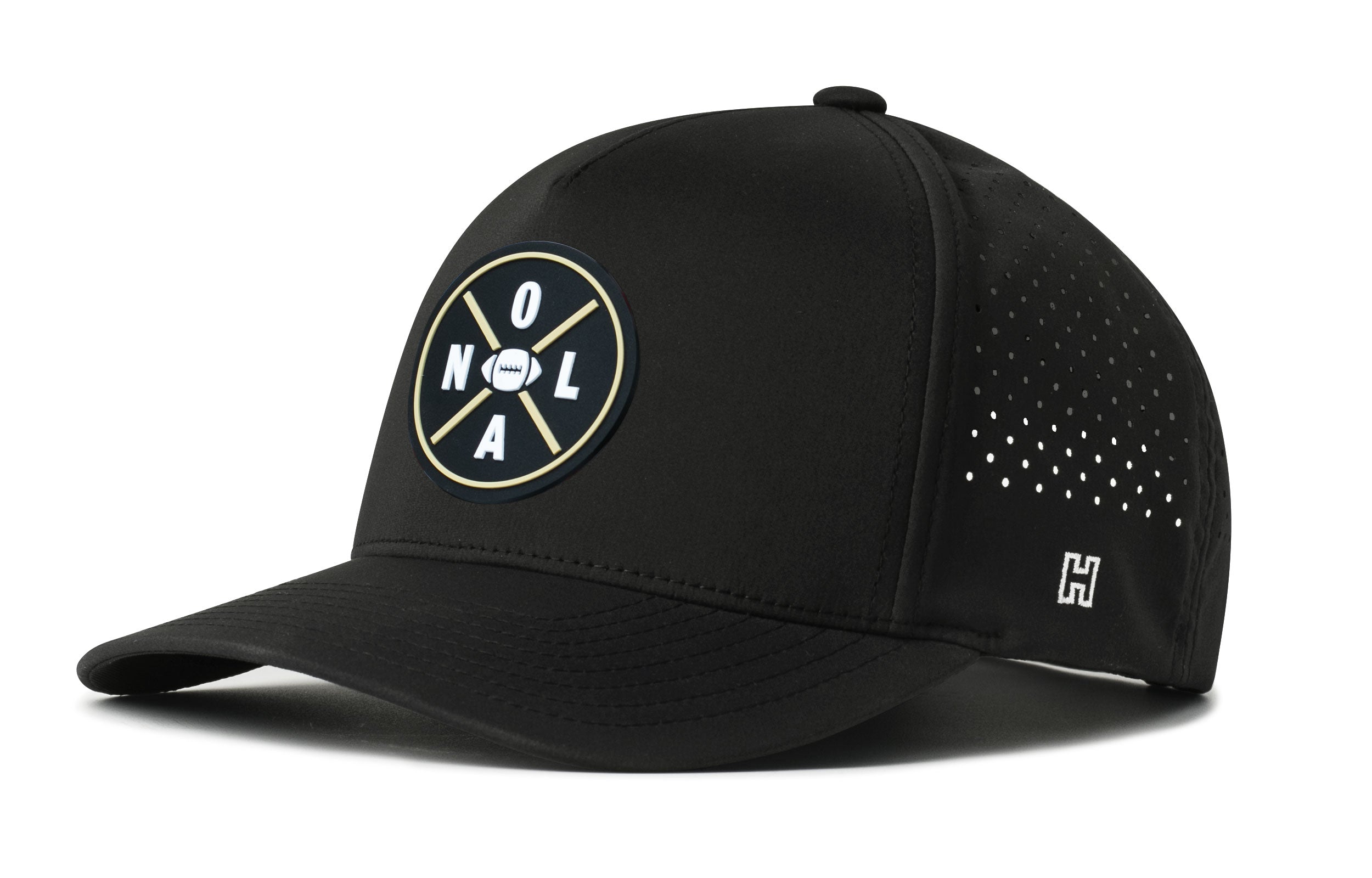 Black 5-panel performance baseball cap with perforated side panels and NOLA logo patch