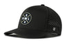 Black 5-panel performance baseball cap with perforated side panels and NOLA logo patch