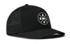 Black 5-panel cap, side view with perforated panels and round NOLA logo patch