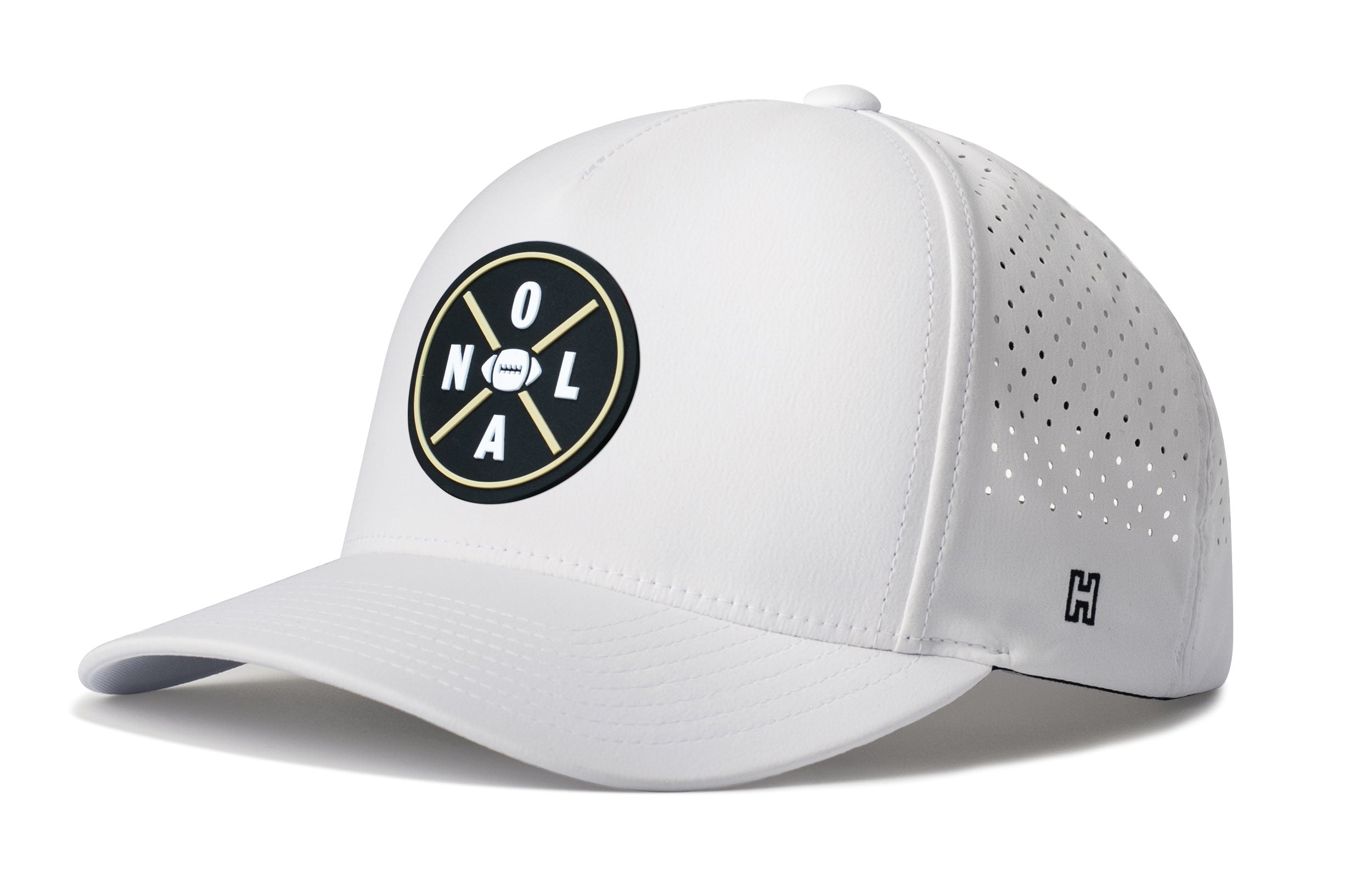 White 5-panel performance baseball cap with perforated side panels and NOLA logo patch