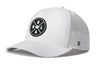 White 5-panel performance baseball cap with perforated side panels and NOLA logo patch