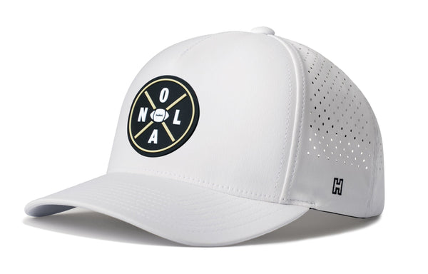 White 5-panel performance baseball cap with perforated side panels and NOLA logo patch
