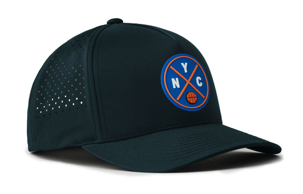 Dark green 5-panel performance hat with perforated side and NYC basketball logo patch