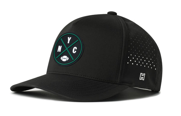 Black performance 5-panel cap with NYC logo patch and perforated side panels