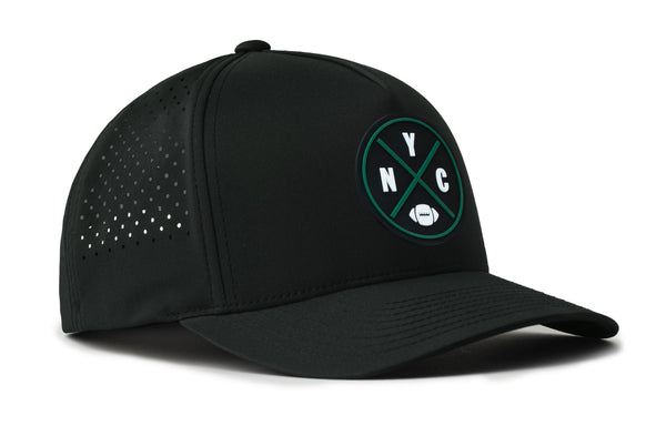 Black 5-panel cap with NYC logo patch and perforated side mesh detail