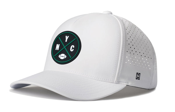 White performance 5-panel cap with NYC logo patch and perforated side panels