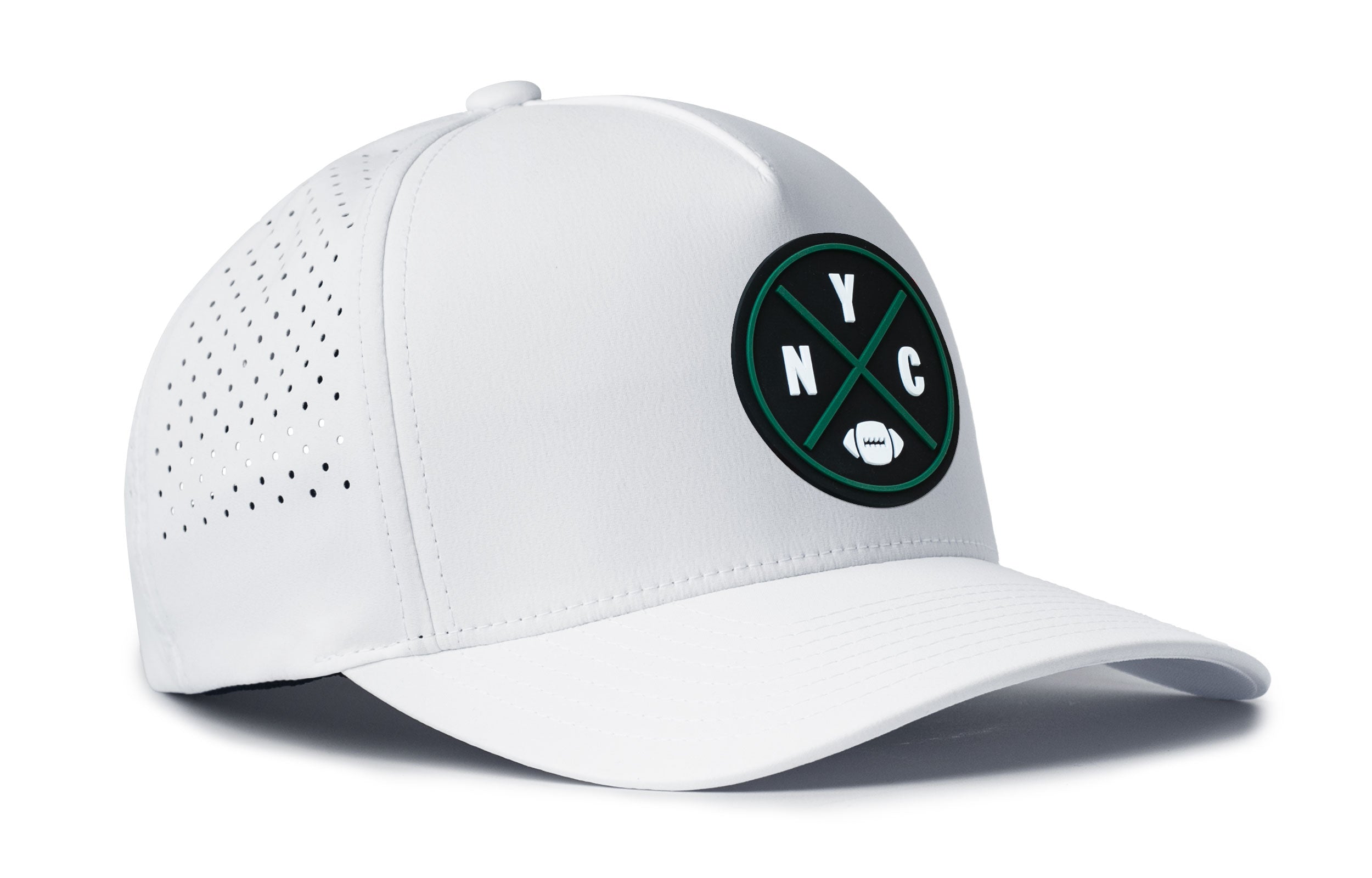 White 5-panel cap with NYC logo patch and perforated side mesh detail
