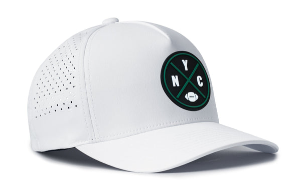 White 5-panel cap with NYC logo patch and perforated side mesh detail