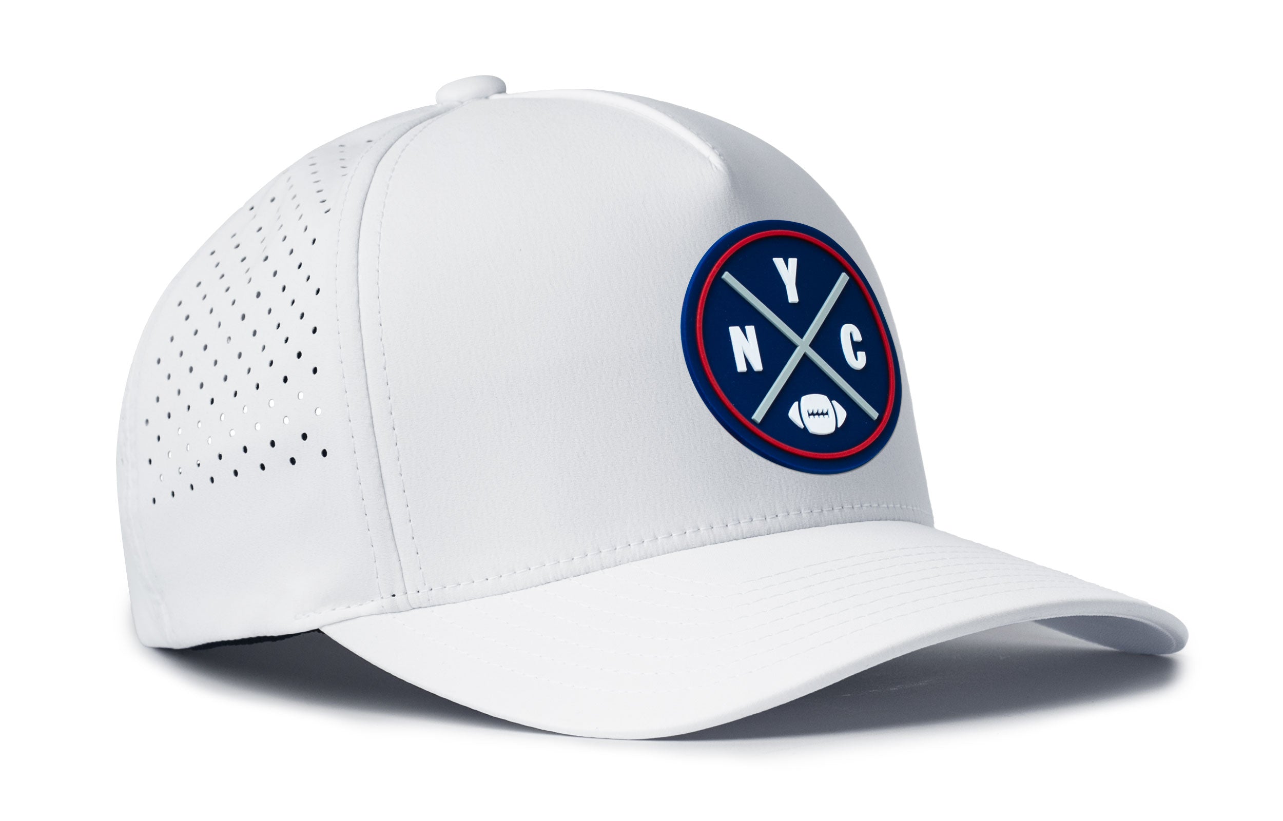 White 5-panel performance cap with NYC logo and dotted perforation on side