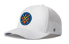 White 5-panel performance mesh snapback hat with basketball crest patch