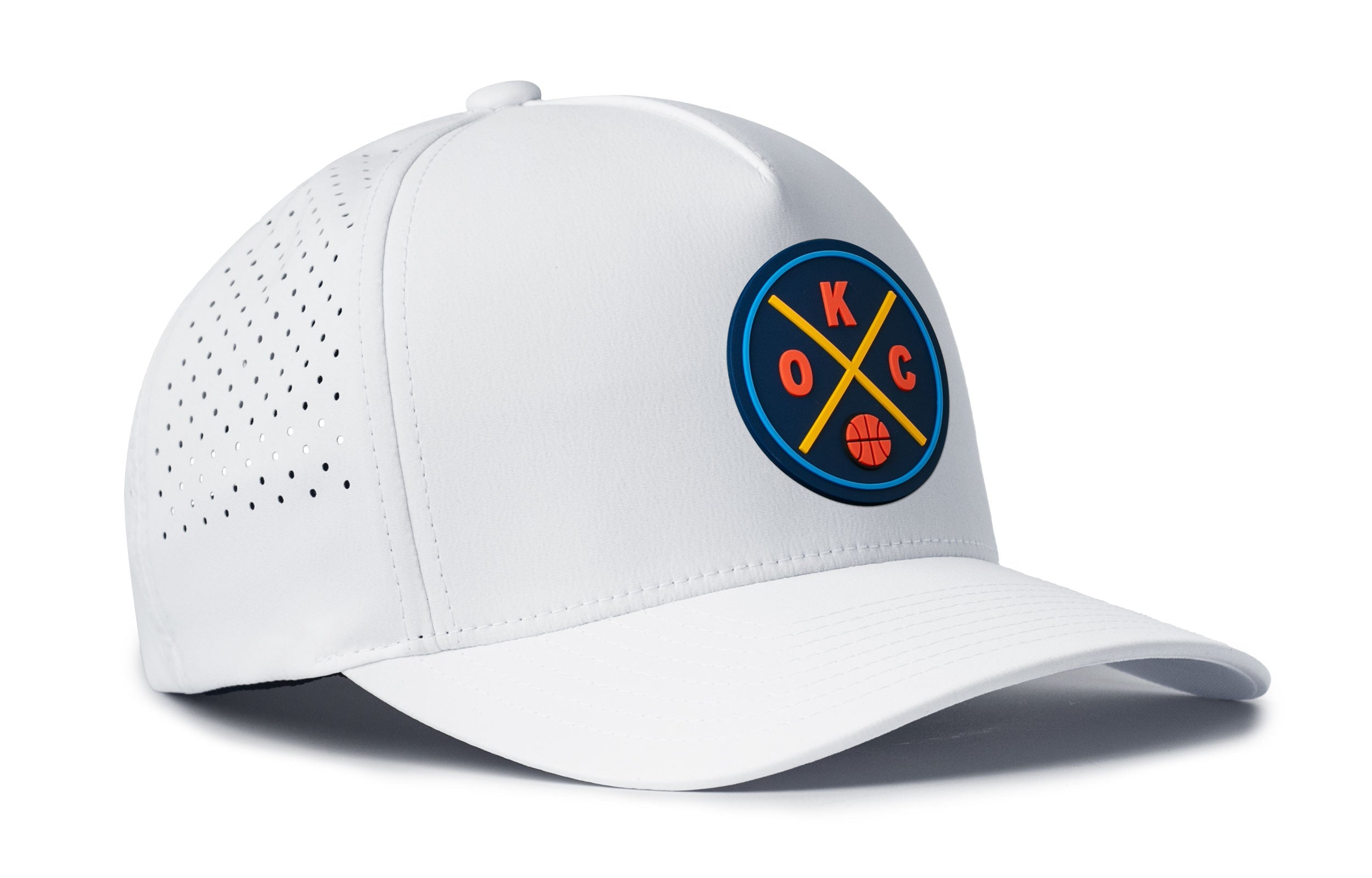 White 5-panel performance mesh snapback hat with side perforation and crest patch