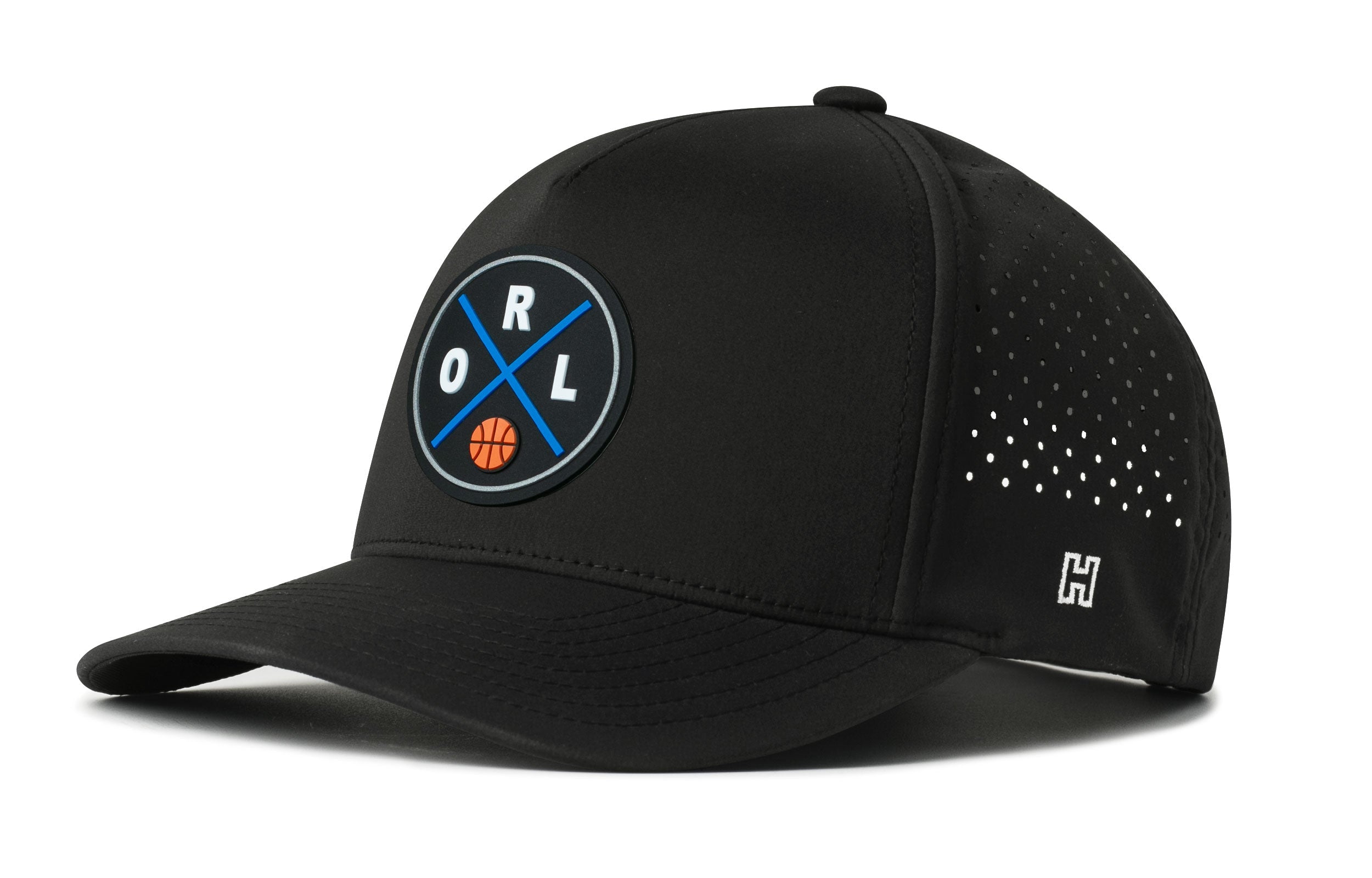 Black mesh 5-panel snapback hat with front logo patch and side perforation dots