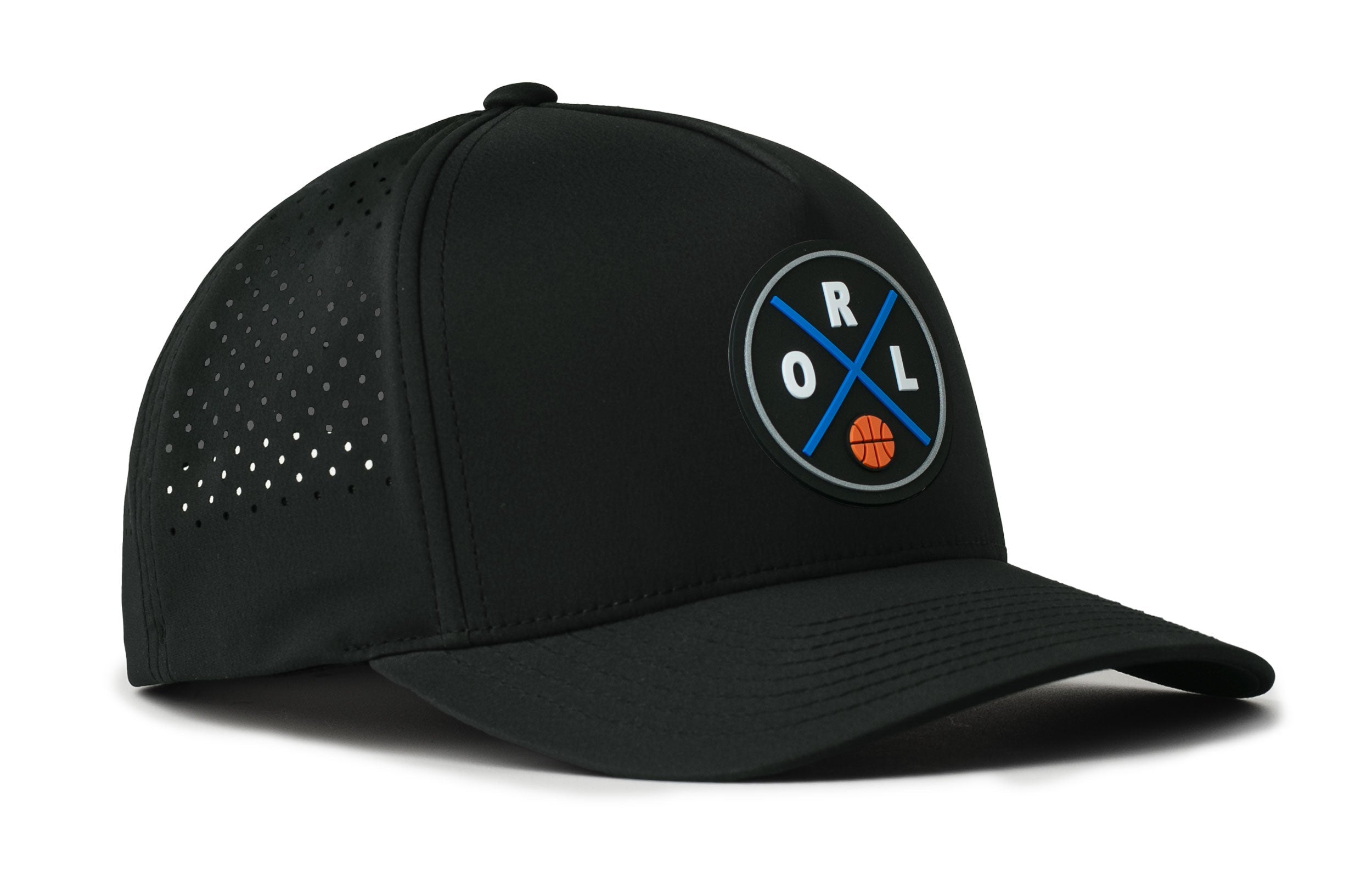 Black 5-panel cap with front logo patch and perforated side panel