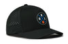 Black 5-panel cap with front logo patch and perforated side panel