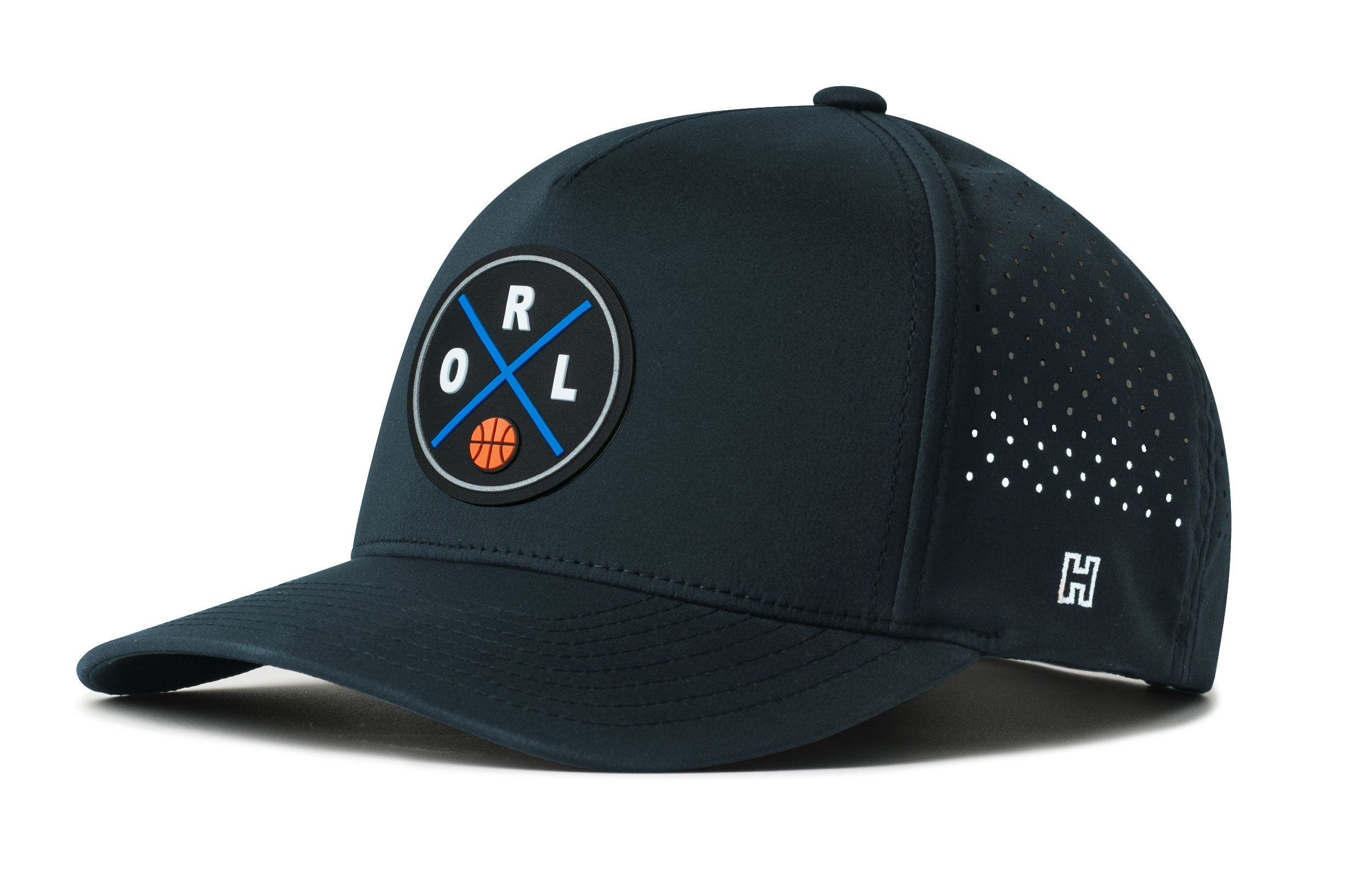 Navy mesh 5-panel snapback hat with front logo patch and side perforation dots