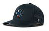 Navy mesh 5-panel snapback hat with front logo patch and side perforation dots