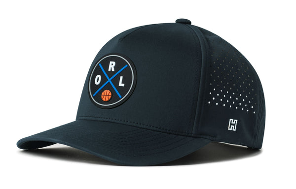 Navy mesh 5-panel snapback hat with front logo patch and side perforation dots