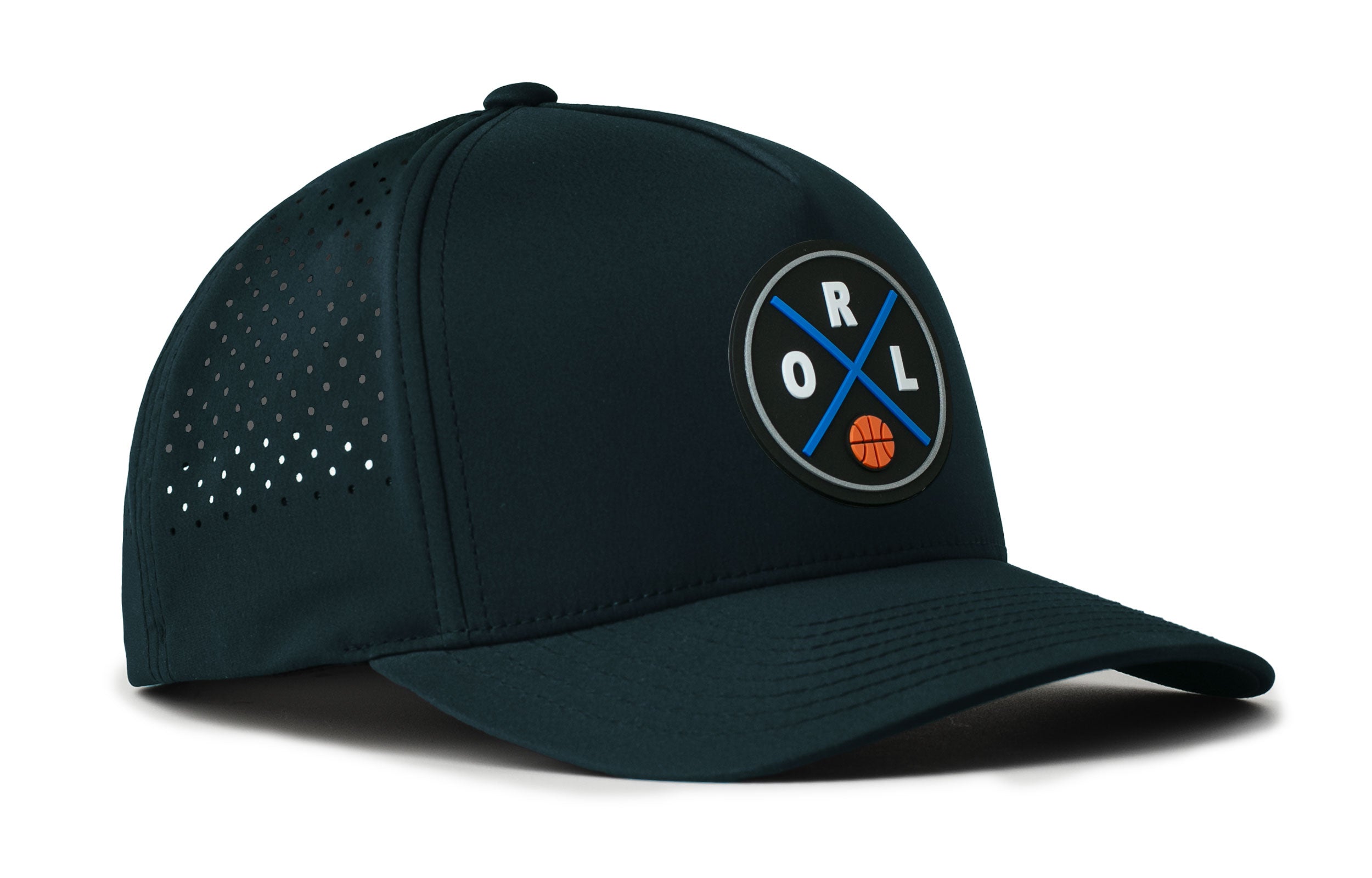 Dark navy 5-panel cap with front logo patch and perforated side panel