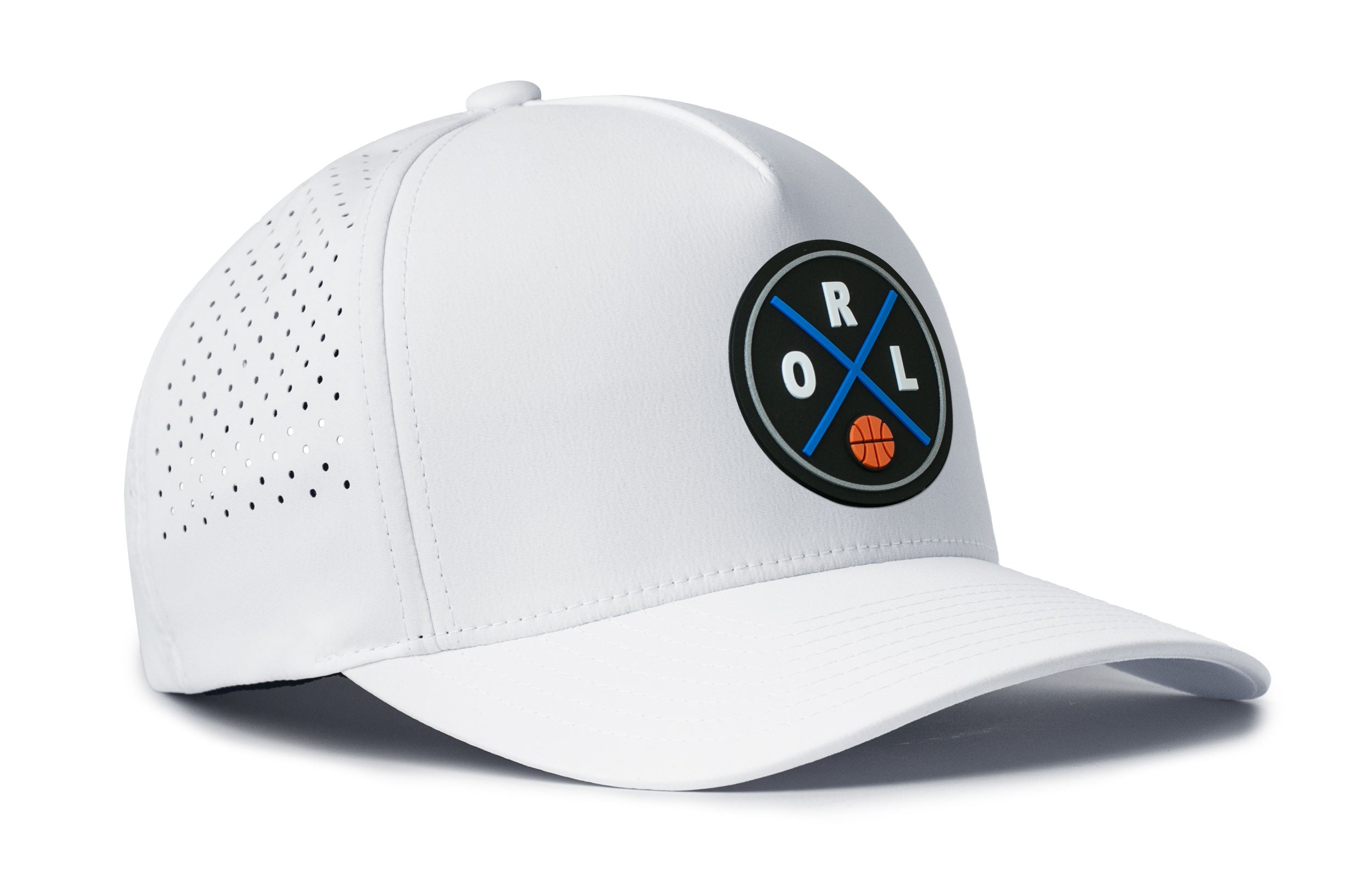 White 5-panel cap with front logo patch, perforated side panel, and curved brim