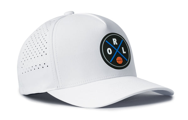 White 5-panel cap with front logo patch, perforated side panel, and curved brim