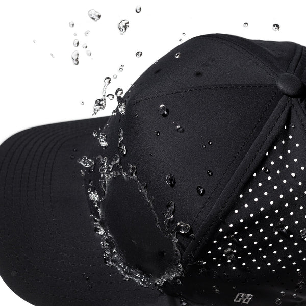 Black 5-panel snapback hat with water-shedding finish and red SF crest