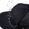 Black 5-panel snapback hat with water droplets on crown and perforated side panels.