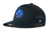 Navy 5-panel snapback performance hat with mesh side panels and front logo patch