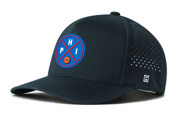 Navy 5-panel snapback performance hat with mesh side panels and front logo patch