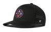 Black 5-panel basketball performance hat with perforated side panels and snapback logo patch.