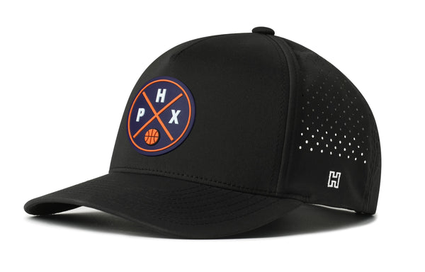 Black 5-panel basketball performance hat with perforated side panels and snapback logo patch.